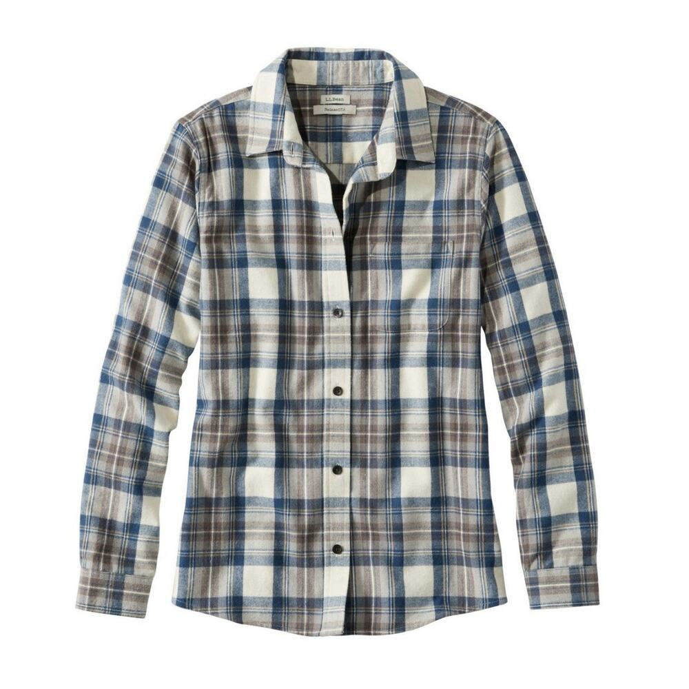 LL Bean Scotch Plaid Blue Indigo Tartan Relaxed Fit Flannel Button Down XS